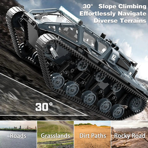 One Sixteen Scale RC Tank Car climbing 30-degree slope on rocky terrain