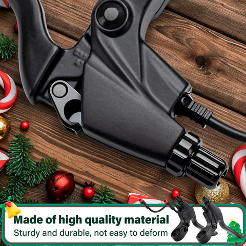 Close-up of Two-Pin Electric Bicycle Brake Levers with waterproof connector; black, durable material on wood background