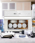 32Qt Side Hustle Essential Convection Sublimation Oven Running Custom Drinkware Crafts Smooth With 1800W Quick Heat Plus Hot Air Gun Wraps Gloves Transfer Tape with mugs and accessories laid out.