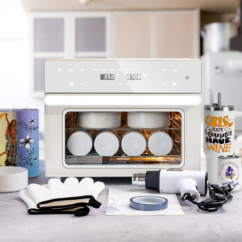 32Qt Side Hustle Essential Convection Sublimation Oven Running Custom Drinkware Crafts Smooth With 1800W Quick Heat Plus Hot Air Gun Wraps Gloves Transfer Tape with mugs and accessories laid out.