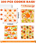 Fall Treat Bags 200 Pack, 4x4 self-sealing cellophane bags with autumn leaf and acorn designs for snacks and gifts