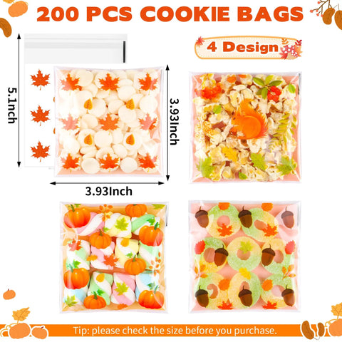 Fall Treat Bags 200 Pack, 4x4 self-sealing cellophane bags with autumn leaf and acorn designs for snacks and gifts