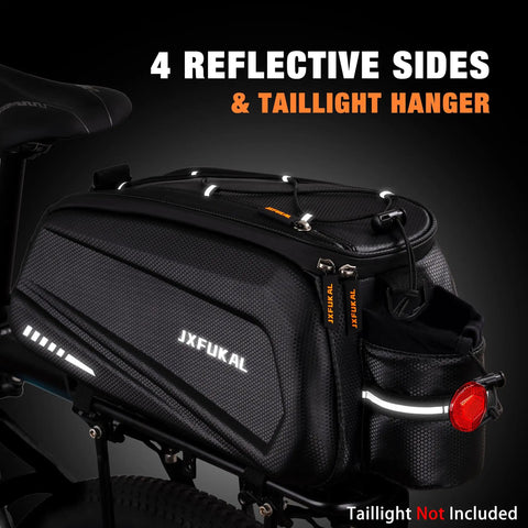 Hard Shell Waterproof Bike Rack Bag For Rear Carrier 9.5L 17L And 40L Capacities With reflective sides and taillight hanger