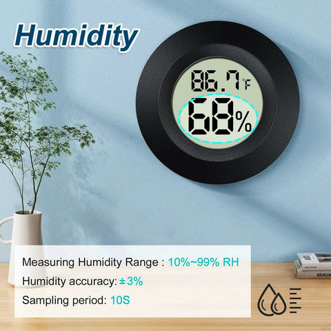 2 Pack Mini Digital Hygrometer Gauge With LCD Thermometer mounted on blue wall displaying temperature and humidity