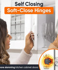Person using soft close cabinet hinges for face frame cabinets, demonstrating quiet slow close dampers on kitchen door.