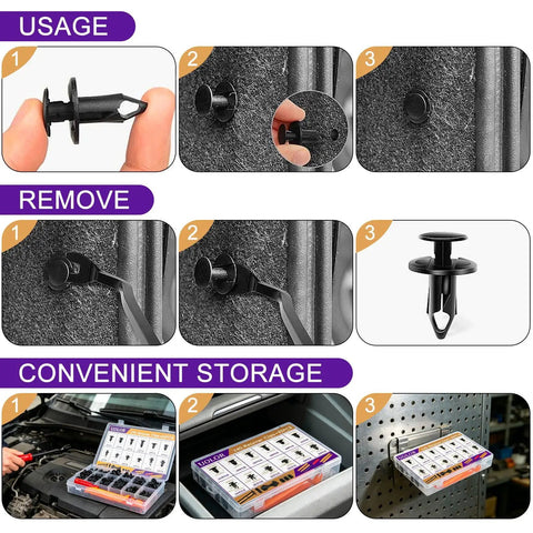 Usage and storage guide for 335 Piece Bumper Retainer Clips And Push Pin Rivets Kit With Upgraded T Style Zip Ties