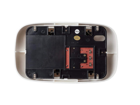 Interior view of Two Note Ding Dong Door Chime for front and rear doors, white dual tone with 9-inch cover and 7 1/8-inch base.