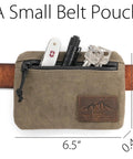 Low Profile Belt Zipper Pouch For Men And Women in waxed canvas, loaded with tools, 6.5x4.5 inches, on a leather belt.