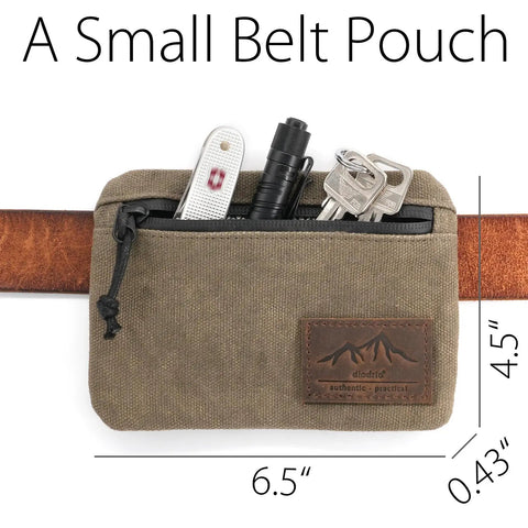 Low Profile Belt Zipper Pouch For Men And Women in waxed canvas, loaded with tools, 6.5x4.5 inches, on a leather belt.