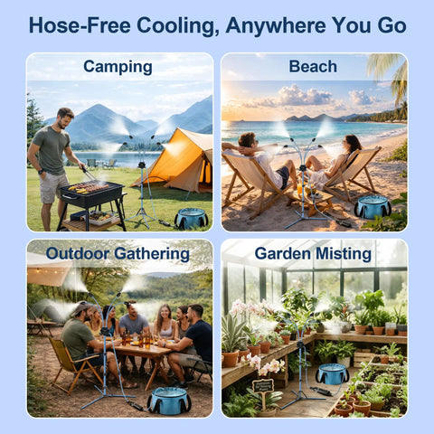 Portable Outdoor Misting System With 30L Water Bag And Rechargeable Pump Hose Free Cooling For Patio Backyard Or Beach Up To 6 Hours Runtime Ideal For Camping Or Porch Stay Chill in use at camping, beach, gatherings, and gardens.