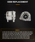 Front and side view of beefed up alternator compatible with Ford Escape two point oh liter 2001 through 2004 and Ford Focus two point oh liter 2000 through 2004 OE 8260N 8264N replacement for reliable charging easy install durable output and smooth electrical system operation.