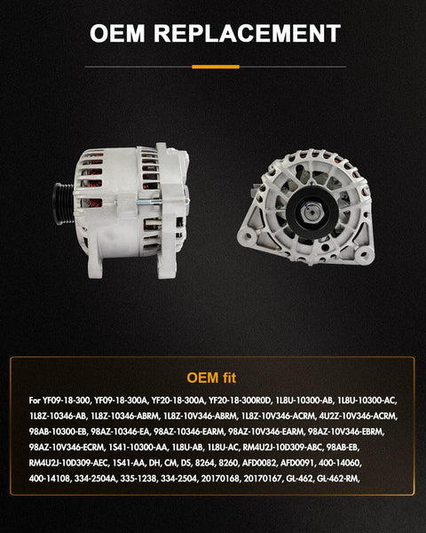 Front and side view of beefed up alternator compatible with Ford Escape two point oh liter 2001 through 2004 and Ford Focus two point oh liter 2000 through 2004 OE 8260N 8264N replacement for reliable charging easy install durable output and smooth electrical system operation.
