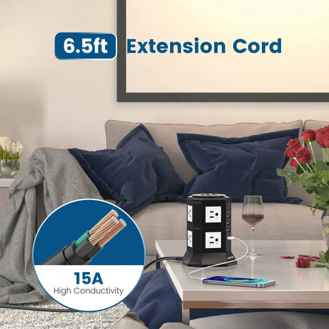 Beefy Power Strip Tower With Eight Outlets And Four USB Ports 3000W 15A Heavy Duty 6.5ft 14 AWG Cord in living room.