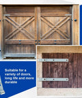 4 Pack 12 Inch Zinc Strap Hinges installed on wooden barn and shed doors, showcasing durability for gates and tool sheds.