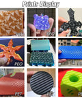 Various 3D prints showing textures from the Dual Sided 280x280mm Build Plate For Qidi Q2 Series 3D Printers with diamond pattern.