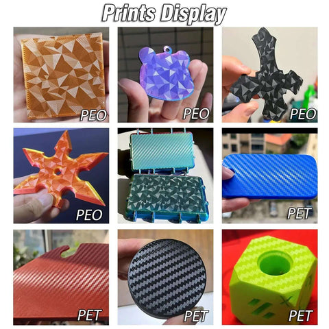 Various 3D prints showing textures from the Dual Sided 280x280mm Build Plate For Qidi Q2 Series 3D Printers with diamond pattern.