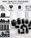 Massive 1305 Piece Metric And SAE Set Screw Kit With headless internal hex drive, M3-M8 sizes shown in durable black alloy steel
