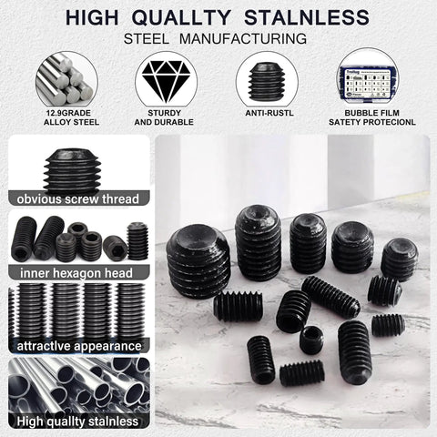 Massive 1305 Piece Metric And SAE Set Screw Kit With headless internal hex drive, M3-M8 sizes shown in durable black alloy steel