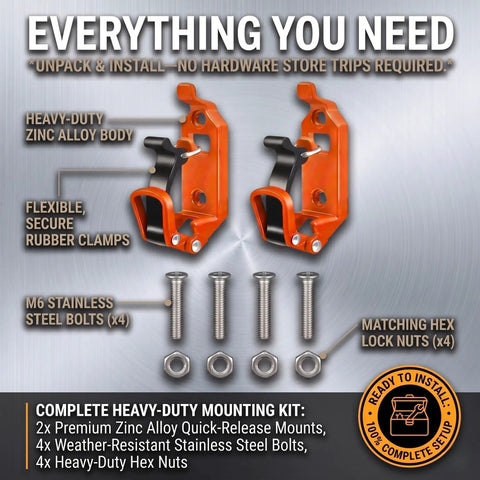 Beefy Heavy Duty Quick Release Shovel Mount For Truck Bed And Roof Rack with zinc alloy body and secure rubber clamps