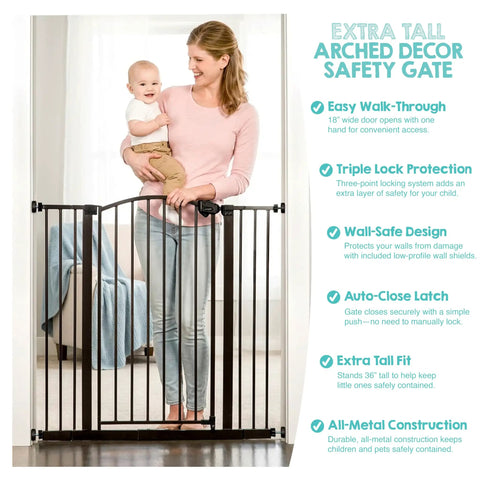 Woman holding baby next to an Extra Tall 36 Inch Baby Gate With Door, Pressure Mount For Doorways And Bottom Of Stairs, black color.