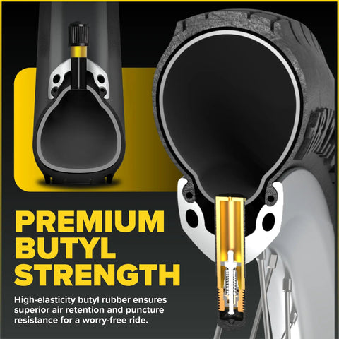 Cross-section view of Two Pack 20 Inch Bike Inner Tubes 20x1.75 1.90 1.95 2.00 2.10 2.125 with 32mm Schrader valve showcasing butyl rubber