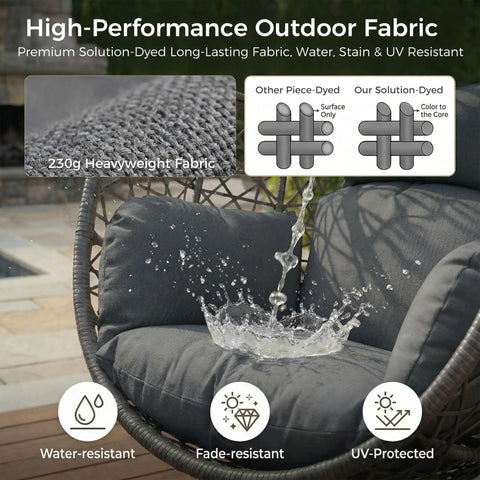 Swing Egg Chair With Stand Bird Cage Patio Hanging Chair With Cushions For Indoor Outdoor Use All Weather 350 Lb Capacity Big Dark Grey For Porch Or Garden With Weatherproof Frame And Plush Cushion For Cozy Lounging And Easy Outdoor Enjoyment, showing water-resistant fabric detail
