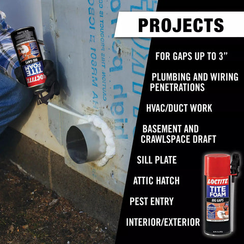 Person applying Big Gaps Bright White Insulating Foam Sealant 12 Oz Can 2 Pack Expands To Fill Cracks Up To 3 Inches on outdoor pipe