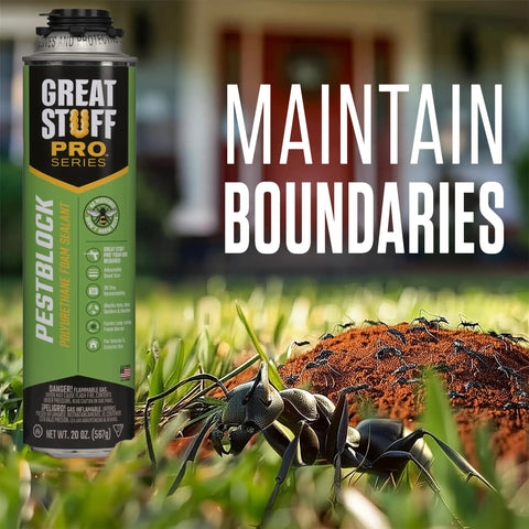 Pestblock Complete Kit For Sealing Gaps Up To 3 Inches with foam sealant can, text 'Maintain Boundaries' and ants on grass.