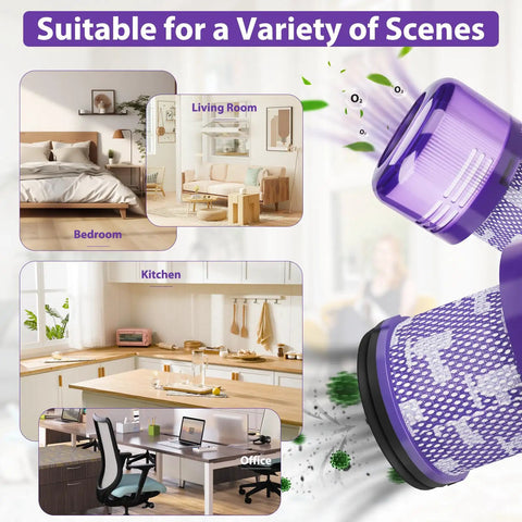 3 Pack Vacuum Filters Replacement For V11 Torque Drive V11 Animal V11 Complete V11 Extra V15 Detect V15S Detect Submarine Vacuums Compare To Part 97001302 Graded SV14 SV15 SV17 SV22 SV28 shown in bedroom, kitchen, living room, office settings