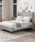 Built Different Full Size Bed Frame With Soft Linen Headboard And Usb Charging Ports Sturdy Metal Platform Base in slate grey.