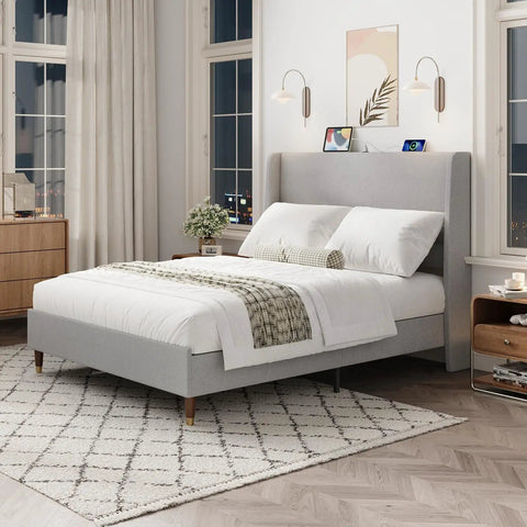 Built Different Full Size Bed Frame With Soft Linen Headboard And Usb Charging Ports Sturdy Metal Platform Base in slate grey.