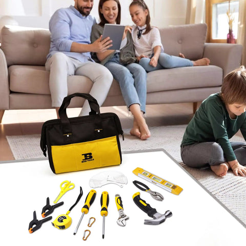 14 Piece Kids Hand Tool Set With Storage Bag For Home DIY Projects Real Tools With Kid Friendly Rubber Handles Safe Learning Tool Kit For Boys And Girls Perfect Starter Garage Kit displayed with family in background.