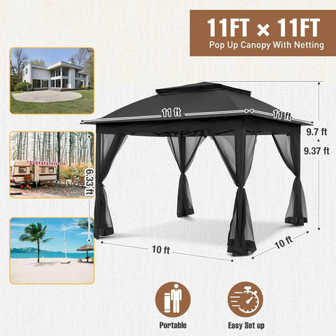 11x11 Pop Up Gazebo Tent with Mesh Netting, Instant Outdoor Canopy with UPF 50 Plus UV Protection, water resistant, black shade