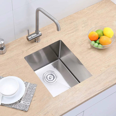 Top view of the Undermount Bar Sink For Kitchen And RV Outdoor Use 15 By 17 Inch Single Bowl Brushed Nickel 18 Gauge Stainless Steel T 304