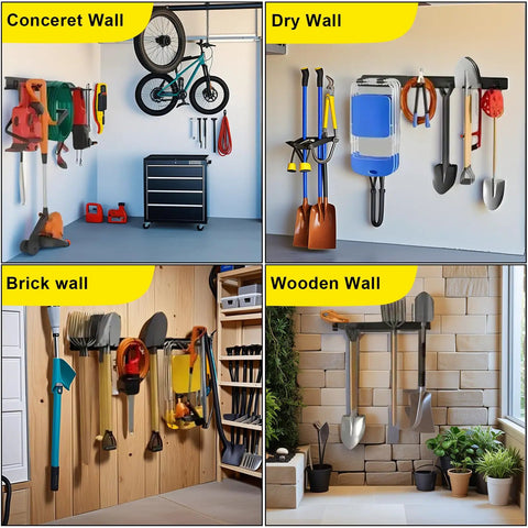 64 Inch Garage Tool Organizer Wall Mount with 18 Adjustable Garden Tool Hanger on various walls