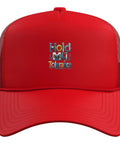 Cool Red Machinist Trucker Hat For Men With Cool Vise Gauge Square Tool Design Perfect Gift For CNC Machinists And Shop Guys Adjust Mesh Back One Size Fits Most Five Panel Foam Front Style - Front view showing printed text.