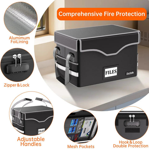 Beefed Up 5200F Fireproof Document Lockbox With Heat Insulation For Home Office, on desk, showing multiple features.