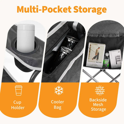 Oversized Folding Camping Chair For Adults With Cup Holders Portable Outdoor Collapsible Seat Beefy 500 Lbs Capacity Built For Lawn Fishing Hiking Black showing cup holder, cooler bag, and backside mesh storage