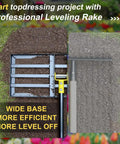 Top view of Lawn Leveling Rake 17 By 10 Inch With 77 Inch Adjustable Curved End Grip Handle on soil and grass