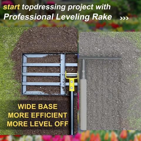 Top view of Lawn Leveling Rake 17 By 10 Inch With 77 Inch Adjustable Curved End Grip Handle on soil and grass