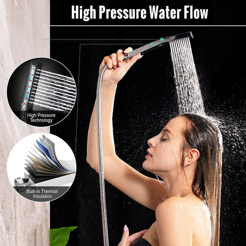 Matte Black Rain Shower Head With Handheld Spray Kit in use showing high pressure water flow on person's head
