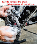 Hands cleaning a bicycle chain with soap, demonstrating maintenance using 8 Pack Bicycle Missing Link Master Links For 6 To 10 Speed Chains.
