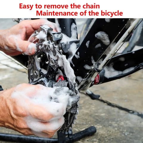 Hands cleaning a bicycle chain with soap, demonstrating maintenance using 8 Pack Bicycle Missing Link Master Links For 6 To 10 Speed Chains.