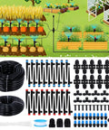 Three Hundred Foot Drip Irrigation Kit For Lawn And Garden With Seventy Foot One Half Inch Main Line And Two Hundred Thirty Foot One Quarter Inch Distribution Tubing Auto Watering And Misting System No Fuss Easy Plug And Play Setup For Garden Beds displayed with components and garden layout
