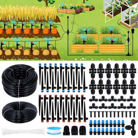 Three Hundred Foot Drip Irrigation Kit For Lawn And Garden With Seventy Foot One Half Inch Main Line And Two Hundred Thirty Foot One Quarter Inch Distribution Tubing Auto Watering And Misting System No Fuss Easy Plug And Play Setup For Garden Beds displayed with components and garden layout