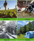 Collage showing agriculture scene, cows in barn, snowy street, and blue tent in mountain campsite, highlighting diverse outdoor activities.