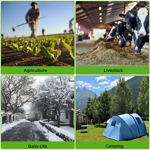 Collage showing agriculture scene, cows in barn, snowy street, and blue tent in mountain campsite, highlighting diverse outdoor activities.