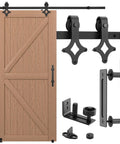 Heavy Duty Barn Door Hardware Kit With Handle For Smooth Sliding Doors Includes Track Rails And Rollers Durable Single Or Double Barn Door Assembly Black Finish Easy To Install Suitable For DIYers And Professionals showing components and wooden door.