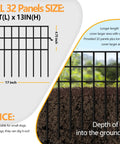 Diagram showing 45.33 Feet No Dig Animal Barrier Fence With 32 Panels For Garden And Yard Keeps Pets And Rabbits Out 13 Inch High Metal Fence To Stop Digging Border Blocker For Flower Beds Lawn And Patio, alongside an installed section in soil.