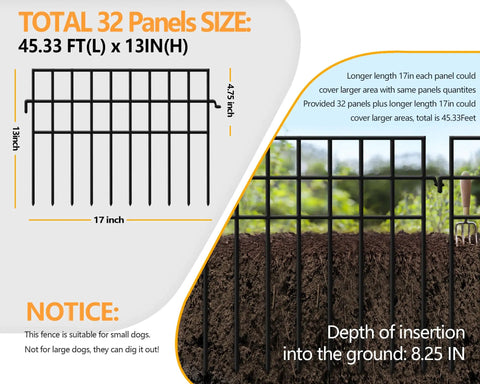 Diagram showing 45.33 Feet No Dig Animal Barrier Fence With 32 Panels For Garden And Yard Keeps Pets And Rabbits Out 13 Inch High Metal Fence To Stop Digging Border Blocker For Flower Beds Lawn And Patio, alongside an installed section in soil.